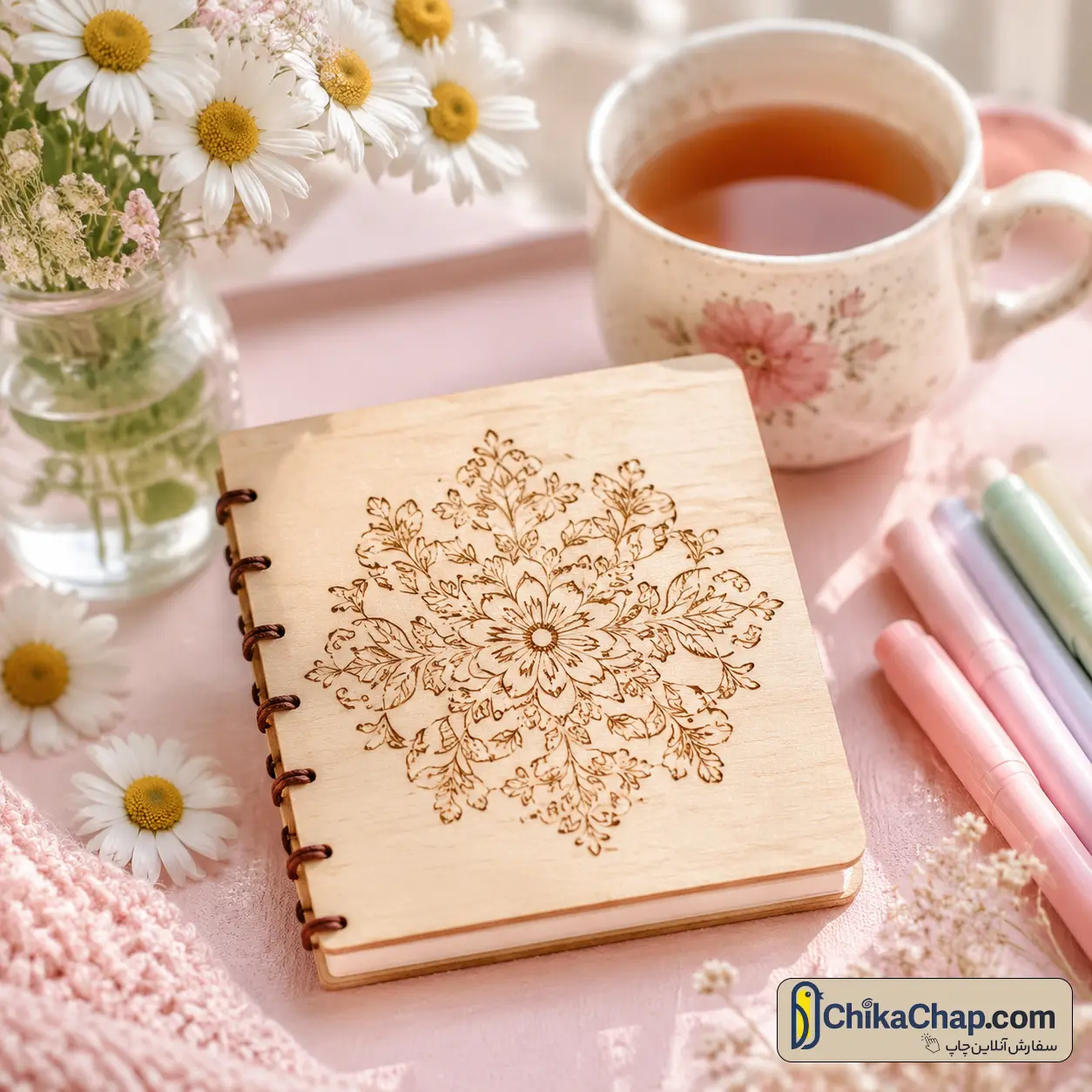 دفترچه یادداشت چوبی ۱۰*۱۳ با حکاکی لیزری طرح فانتزی هدیه دخترانه